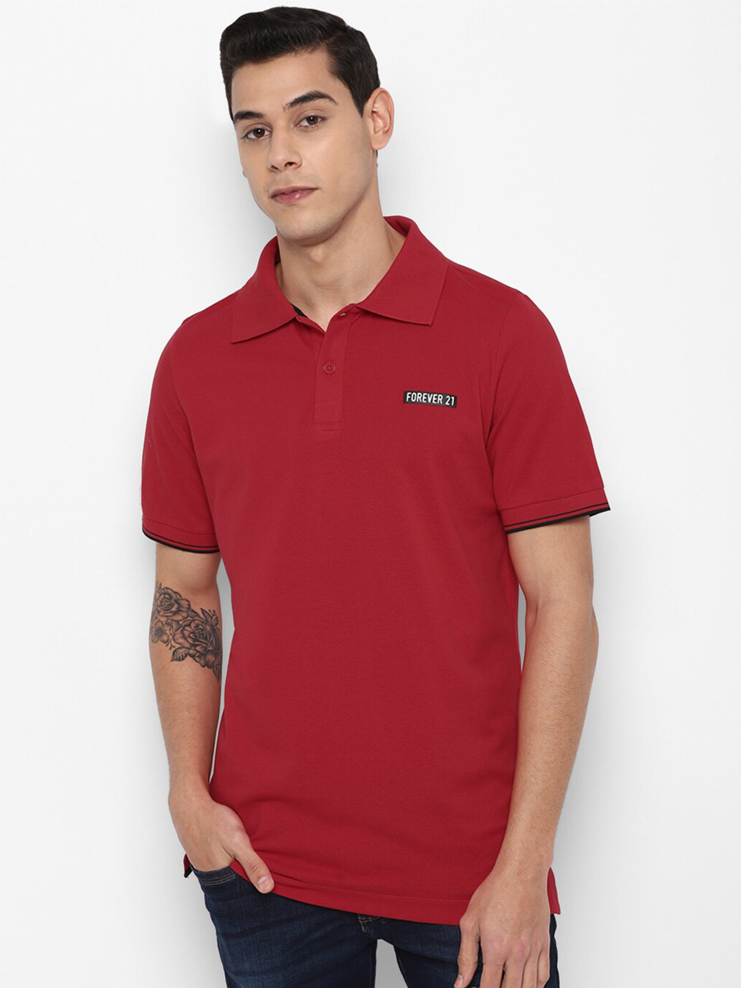 

FOREVER 21 Men Maroon Polo Collar Cotton T-shirt