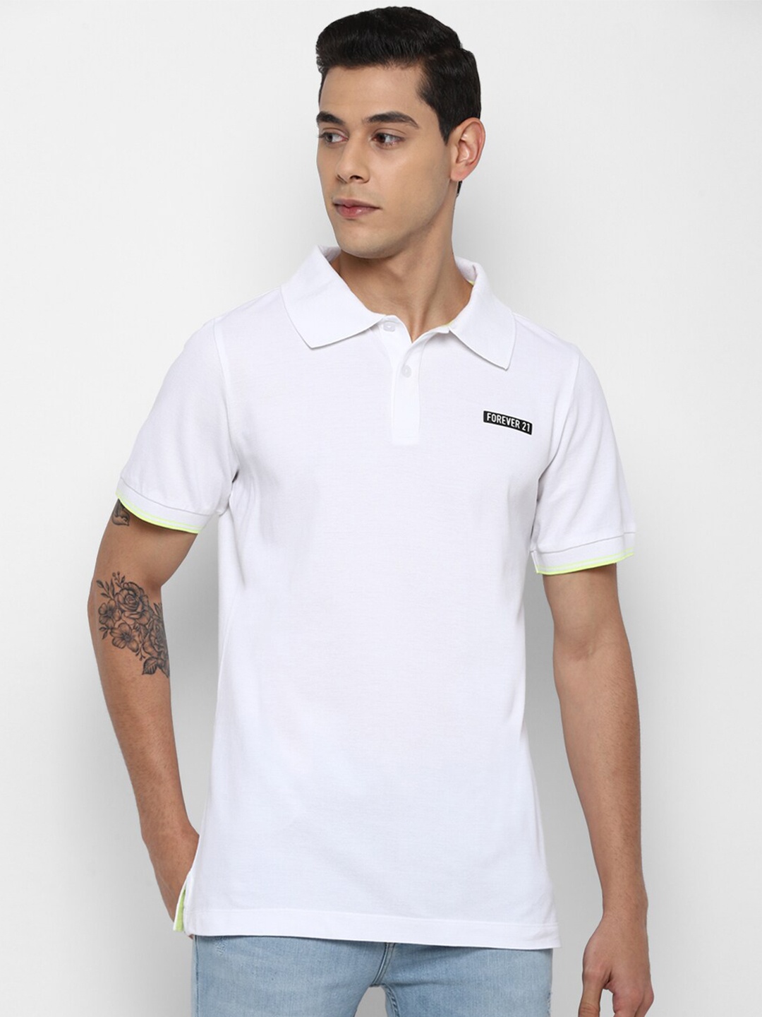 

FOREVER 21 Men White Polo Collar Cotton T-shirt