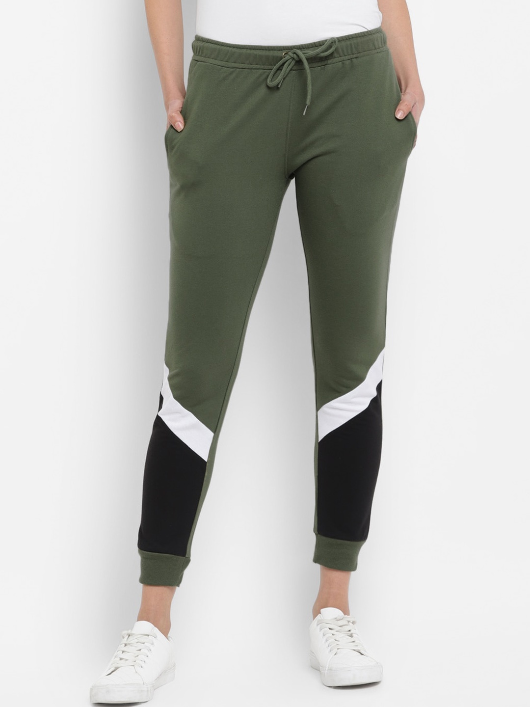 

Alan Jones Women Olive Green & Black Slim-Fit Joggers Track Pant