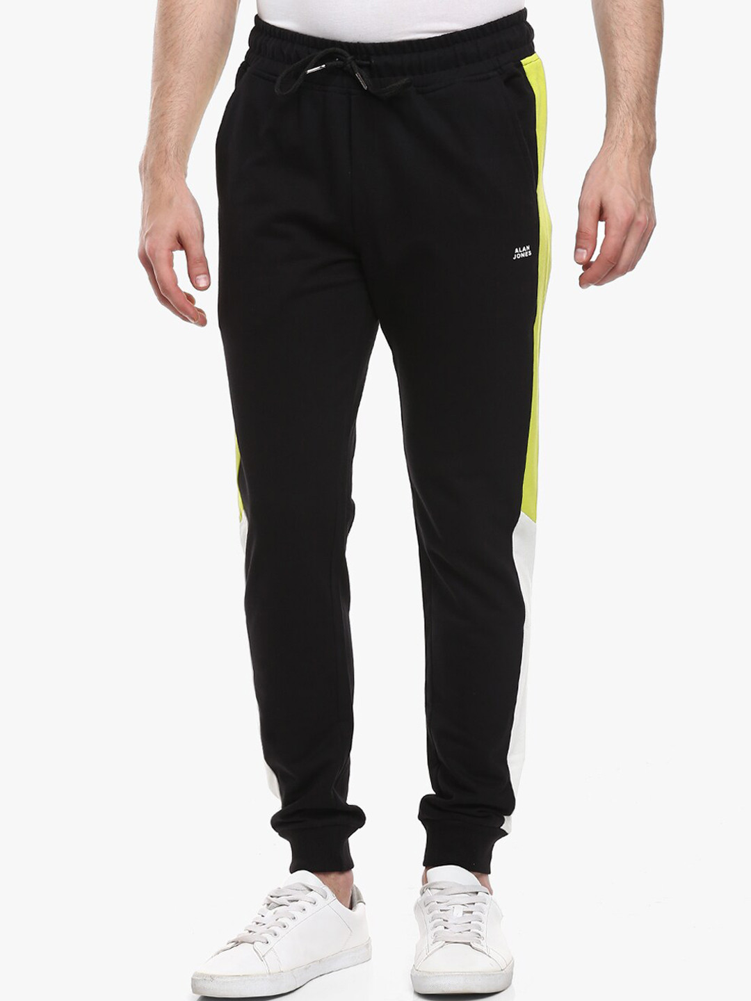 

Alan Jones Men Black & Yellow Colourblocked Slim-Fit Joggers Track Pant