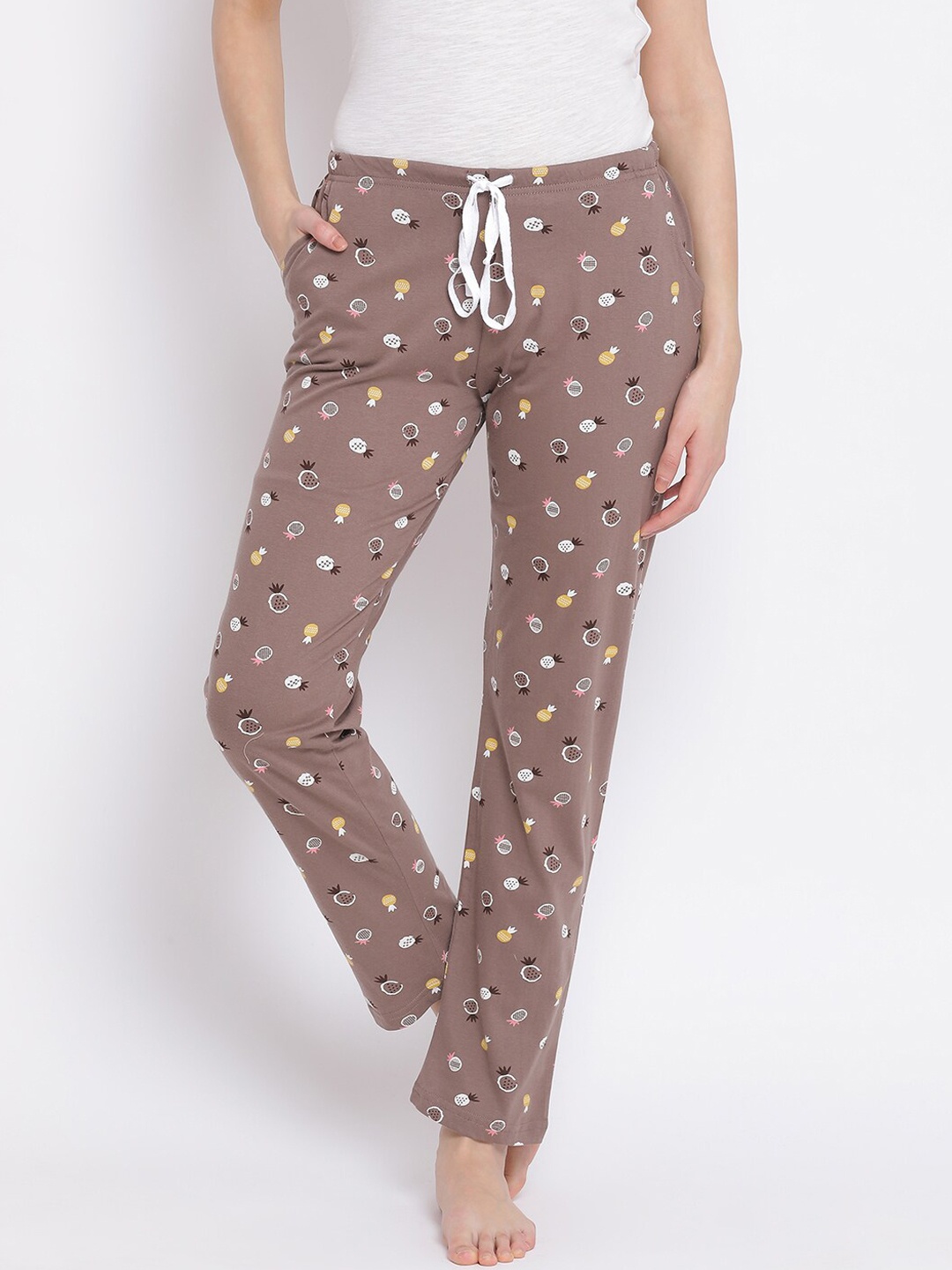 

Kanvin Women Brown & White Printed Pure Cotton Lounge Pants