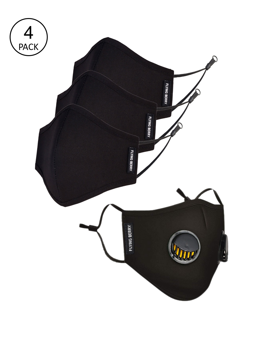 FLYING BERRY Pack Of 4 Black Solid 3-Ply Reusable Anti-Pollution Cotton Cloth Face Masks