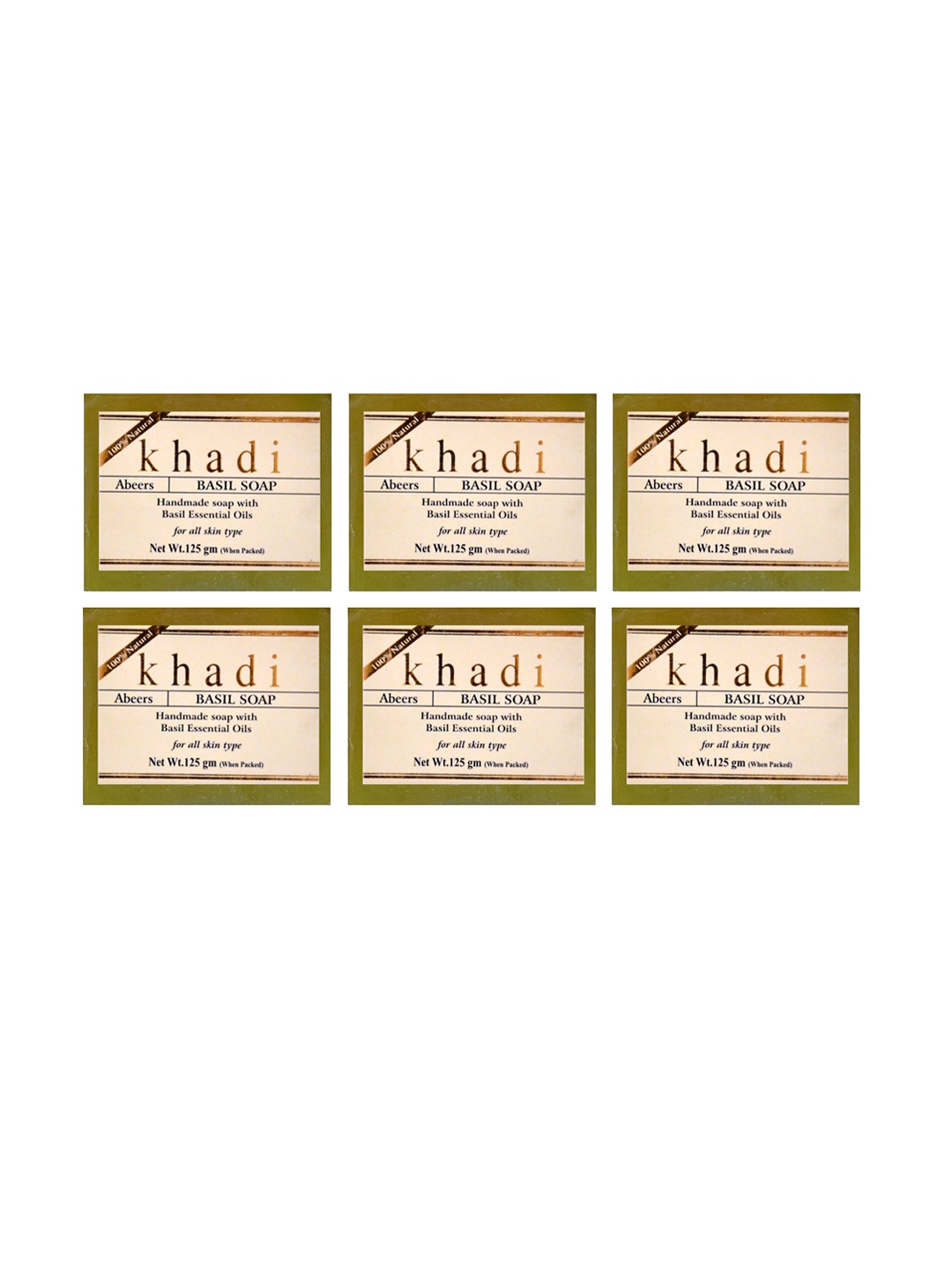 

abeers Khadi Set of 6 Basil Soaps for All Skin Types - 125 g Each, Green