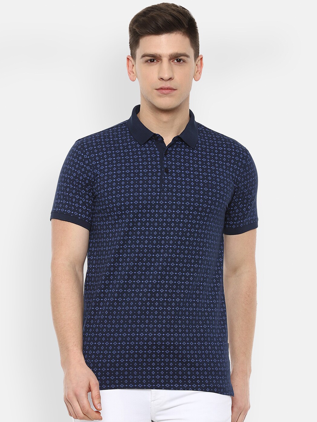 

V Dot Men Navy Blue Printed Polo Collar Slim Fit T-shirt
