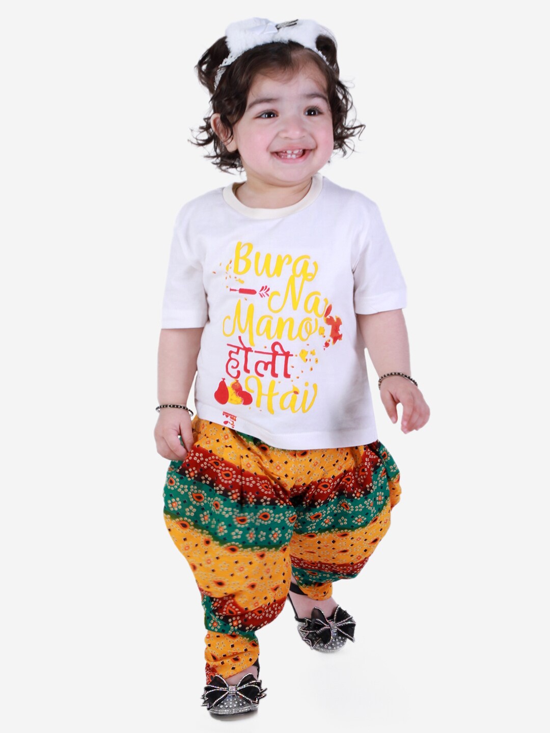 

BownBee Girls White Printed T-shirt with Dhoti Pants