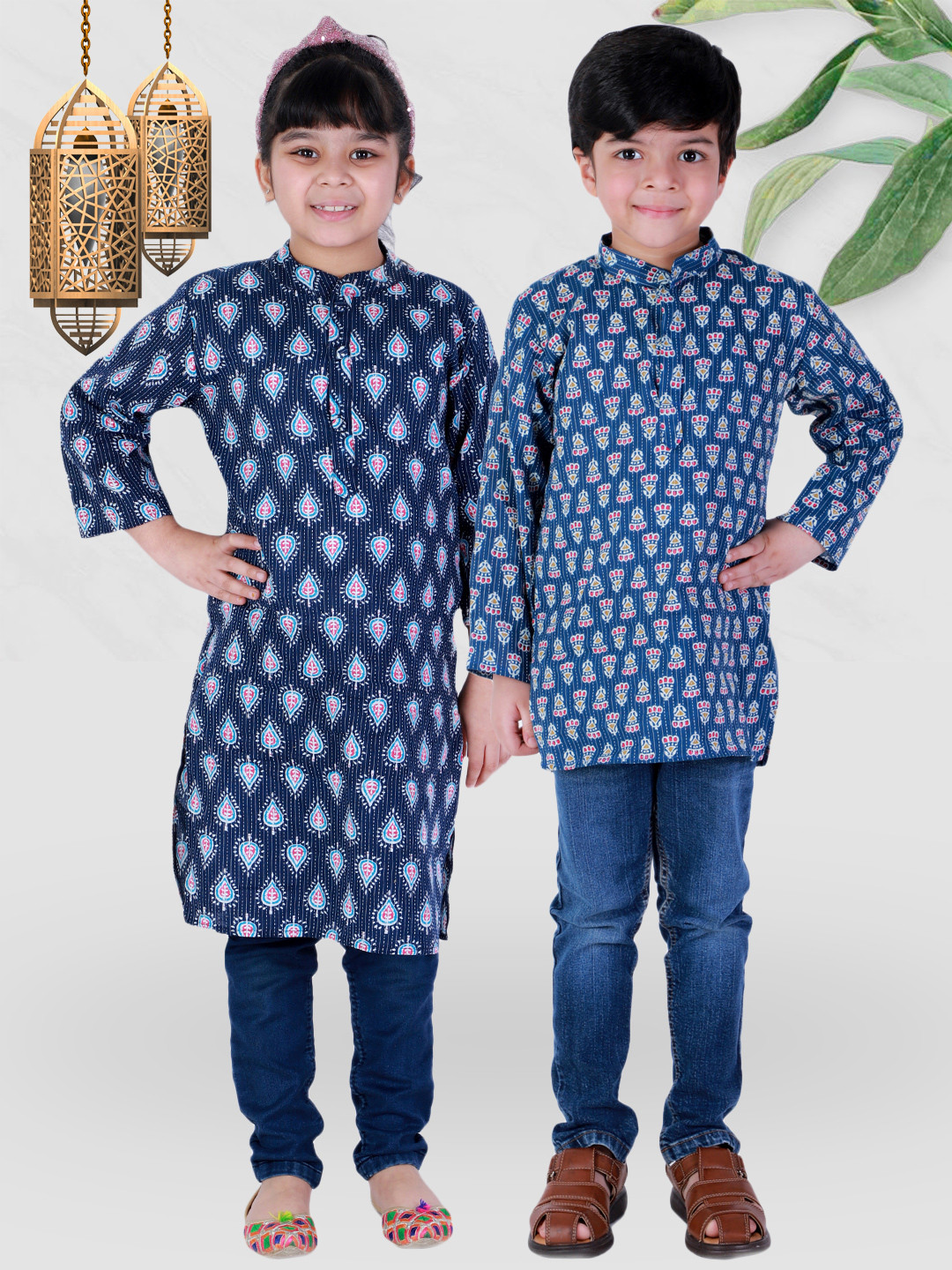 

BownBee Boys Navy Blue & White Ethnic Motifs Block Printed Cotton Kurta