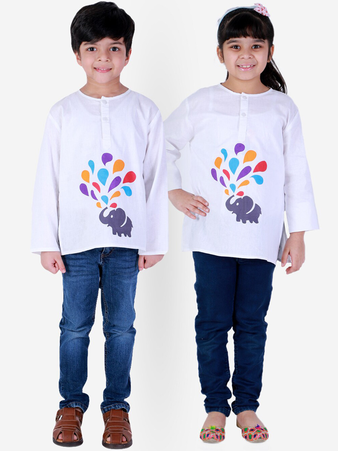 

BownBee Unisex Kids White Holi Printed Pure Cotton Kurta