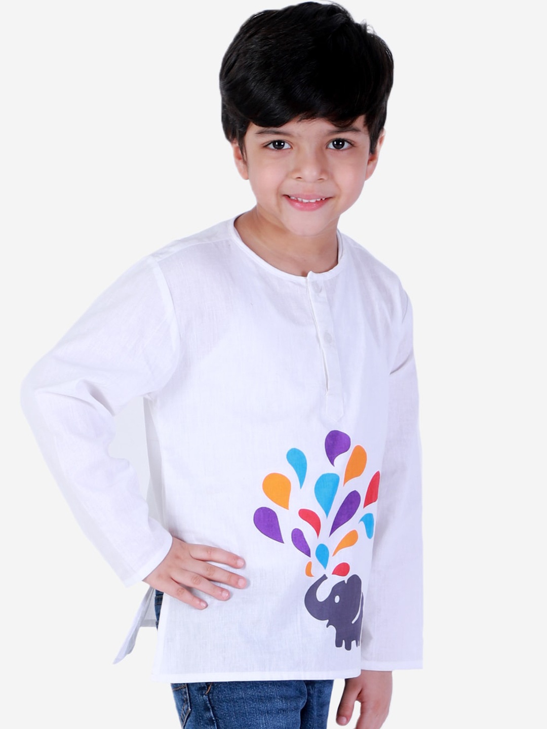 

BownBee Unisex Kids White & Blue Printed Holi Kurta