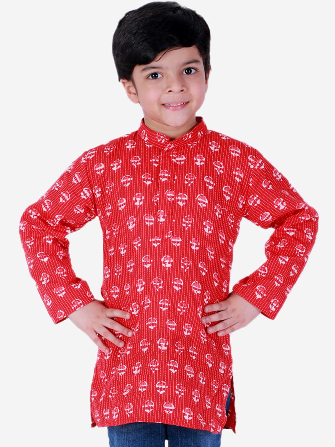 

BownBee Boys Red & White Ethnic Motifs Block Printed Cotton Straight Kurta