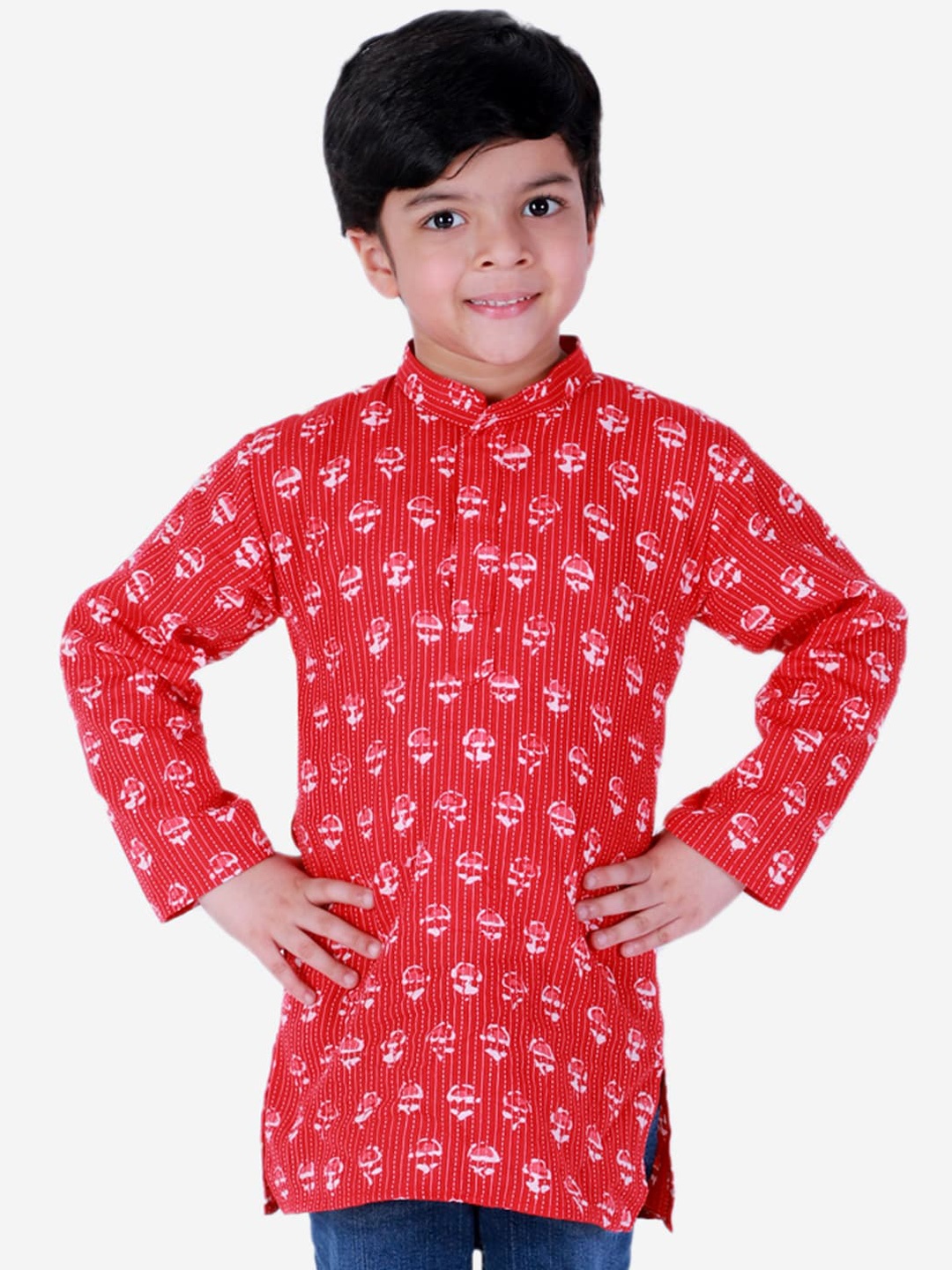 

BownBee Boys Red Block Print Cotton Kurta