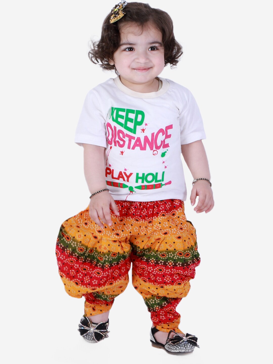 

BownBee Girls White & Yellow Half Sleeve T Shirt With Printed Dhoti