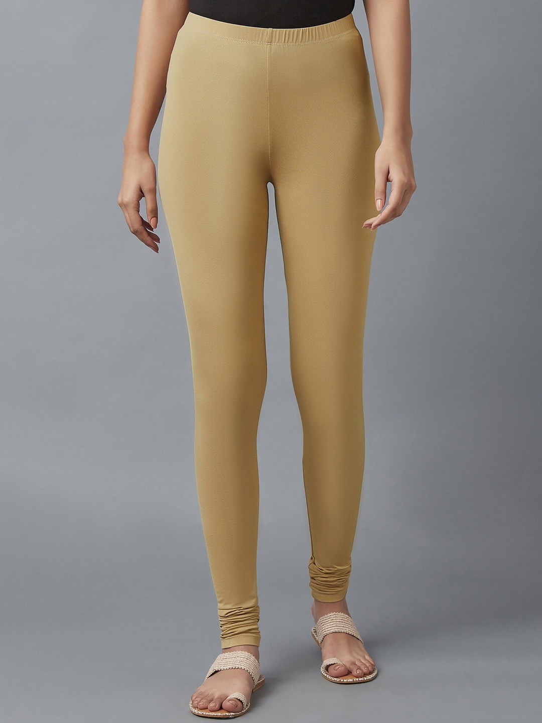 

elleven Solid Cotton Churidar Leggings, Beige