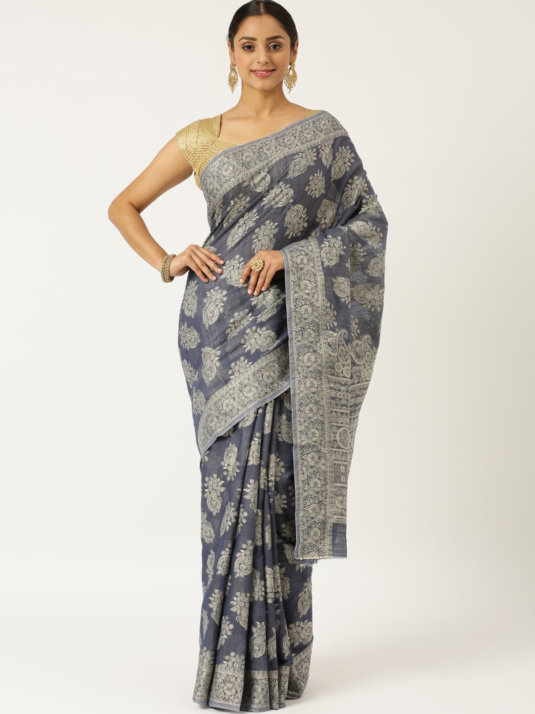 

KARAGIRI Grey & Silver-Toned Woven Design Poly Cotton Saree