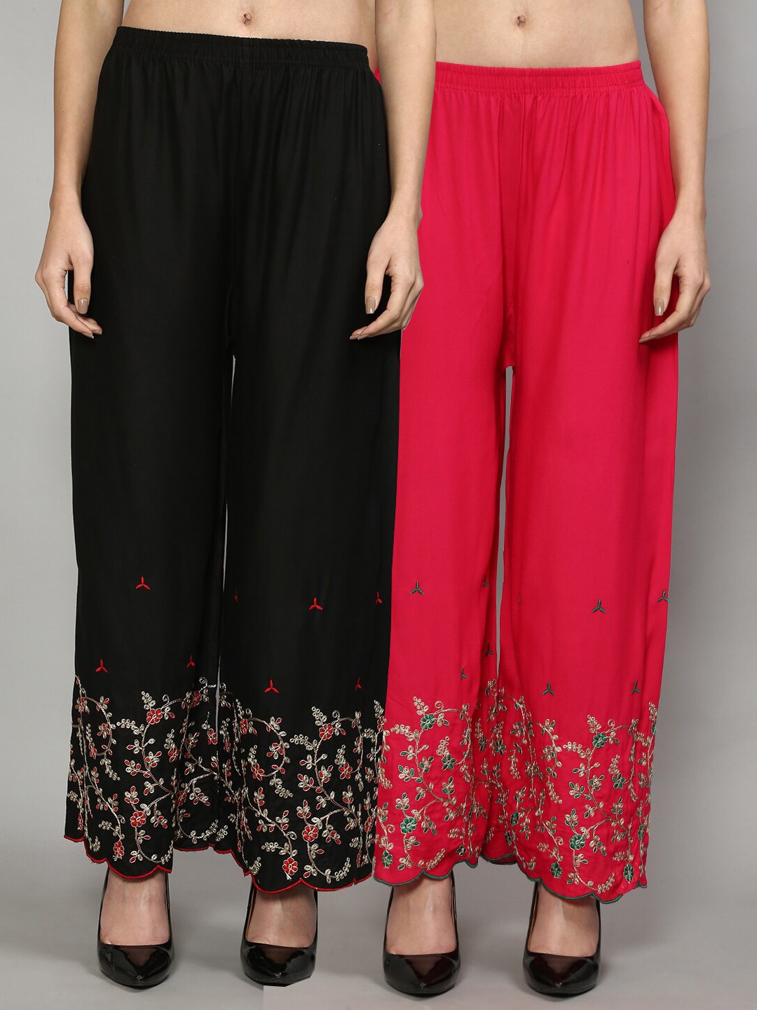 

GRACIT Women Set of 2 Black & Magenta Floral Embroidered Flared Knitted Ethnic Palazzos