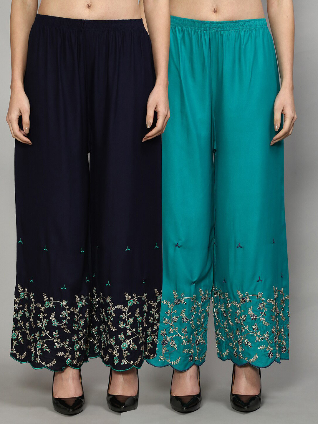 

GRACIT Women Navy Blue & Gold-Toned 2 Printed Flared Knitted Ethnic Palazzos