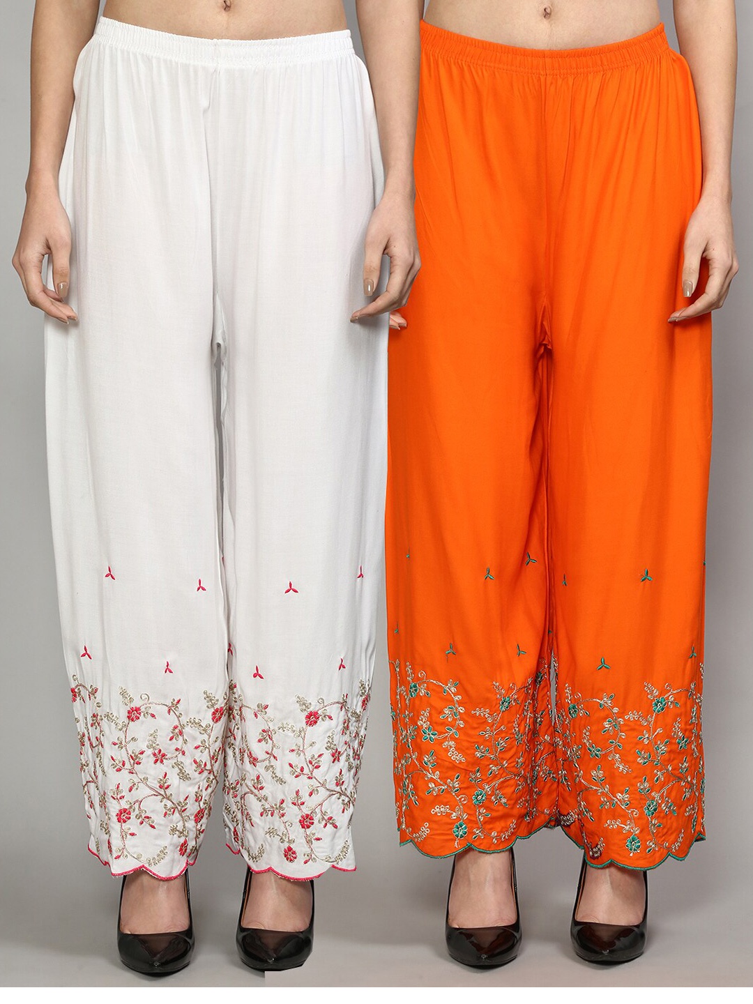 

GRACIT Women White & Orange Set Of 2 Floral Printed Straight Fit Palazzo