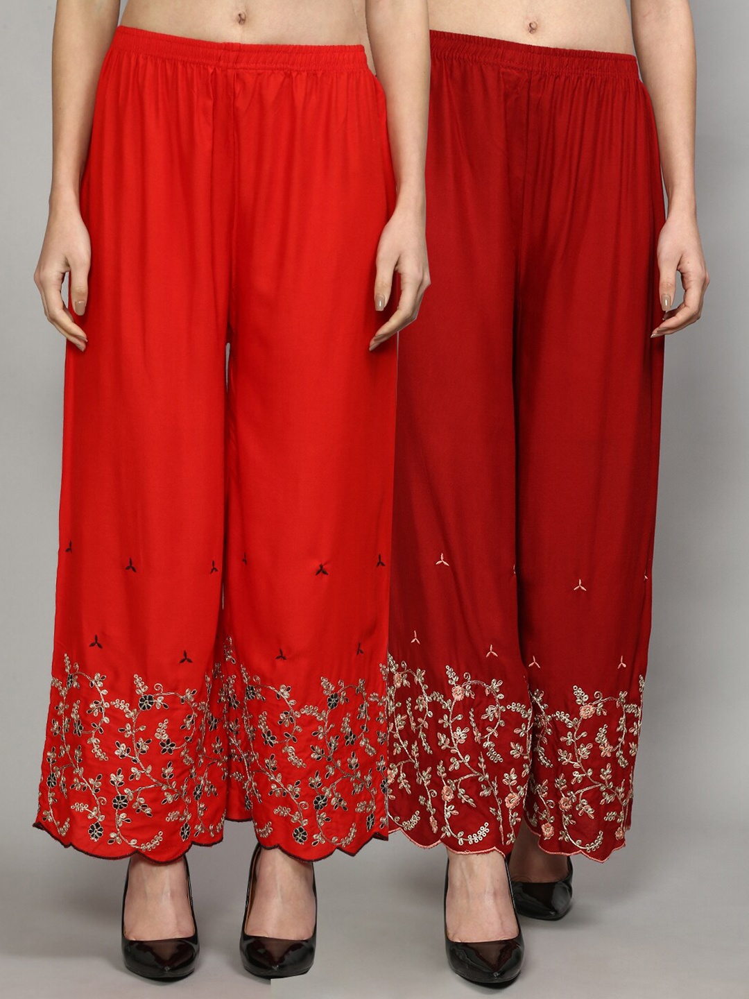 

GRACIT Women Red & Orange 2 Floral Embroidered Flared Knitted Ethnic Palazzos