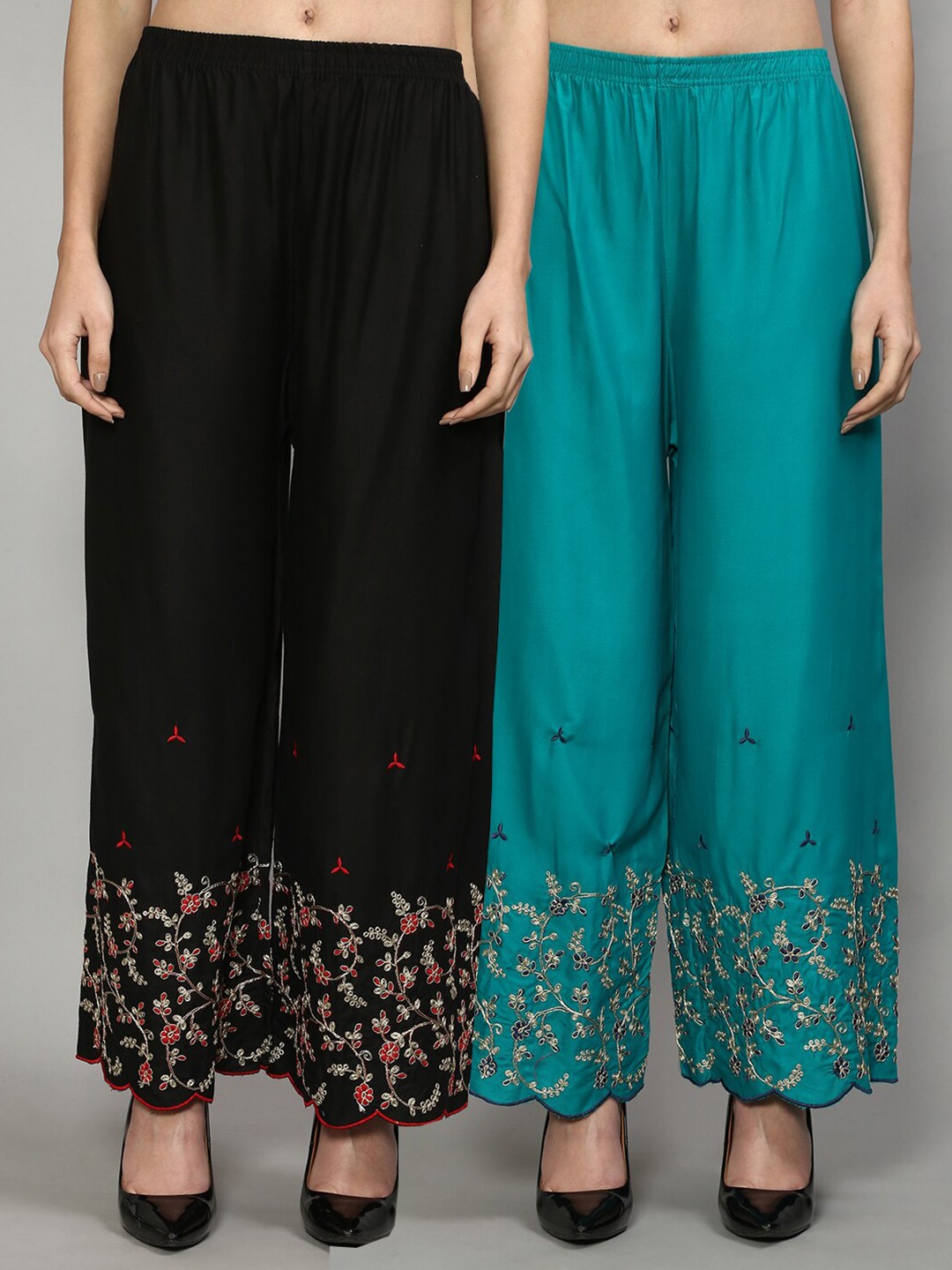 

GRACIT Women Black & Turquoise Blue Set of 2 Floral Embroidered Flared Ethnic Palazzos