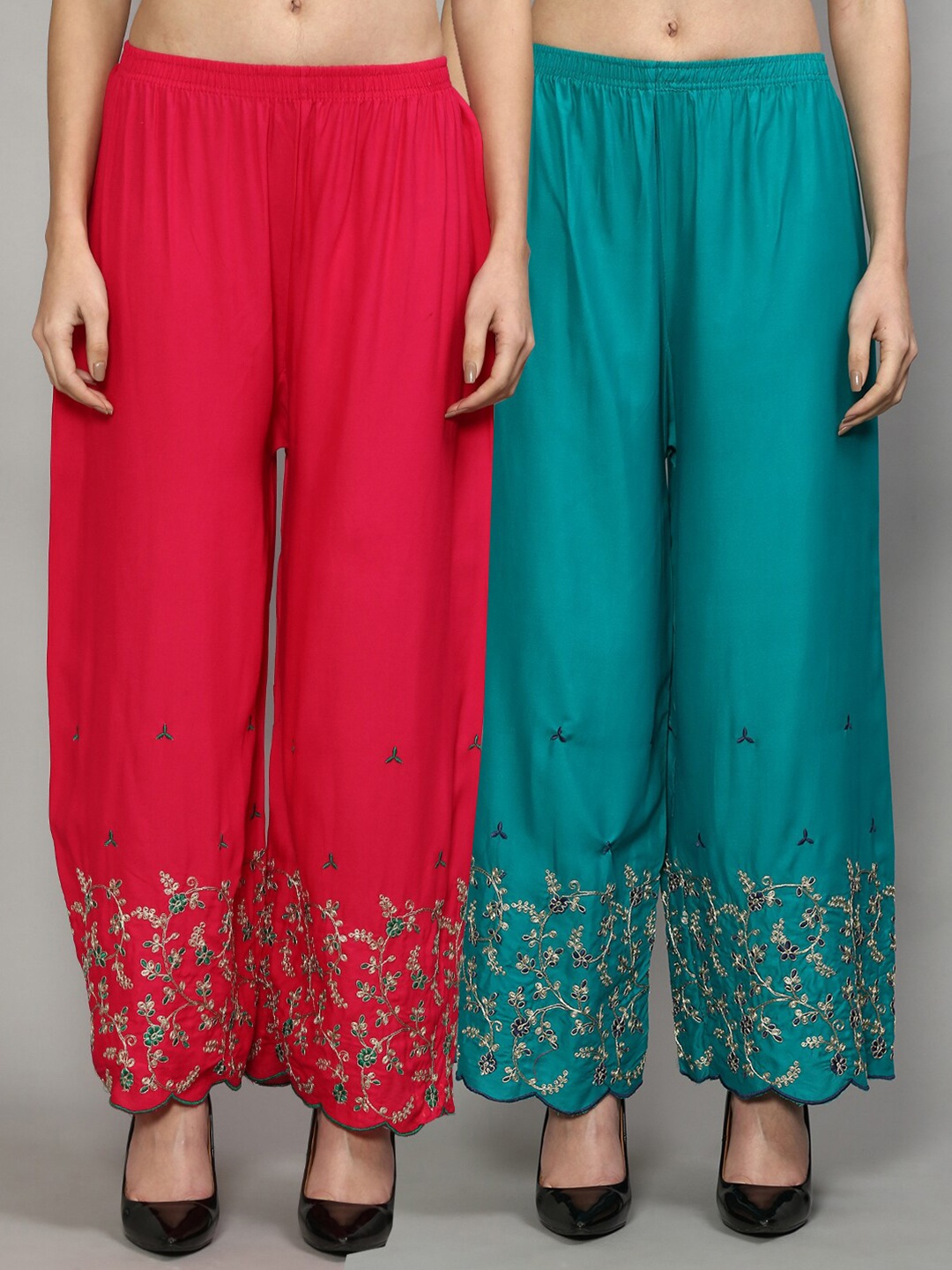 

GRACIT Women Set of 2 Pink & Turquoise Blue Embroidered Flared Knitted Ethnic Palazzos