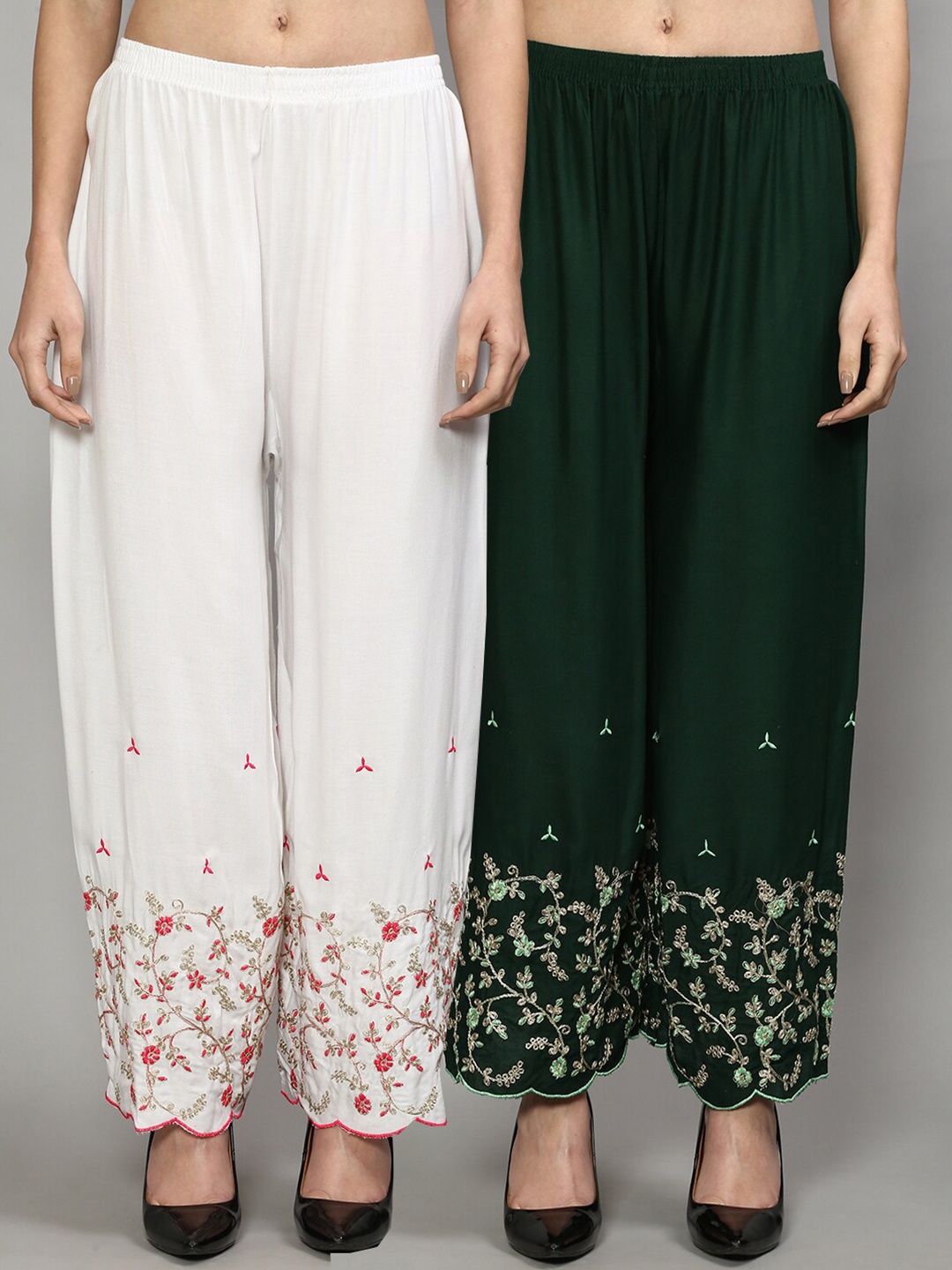 

GRACIT Women White & Green Floral Embroidered Flared Ethnic Palazzos Set Of 2