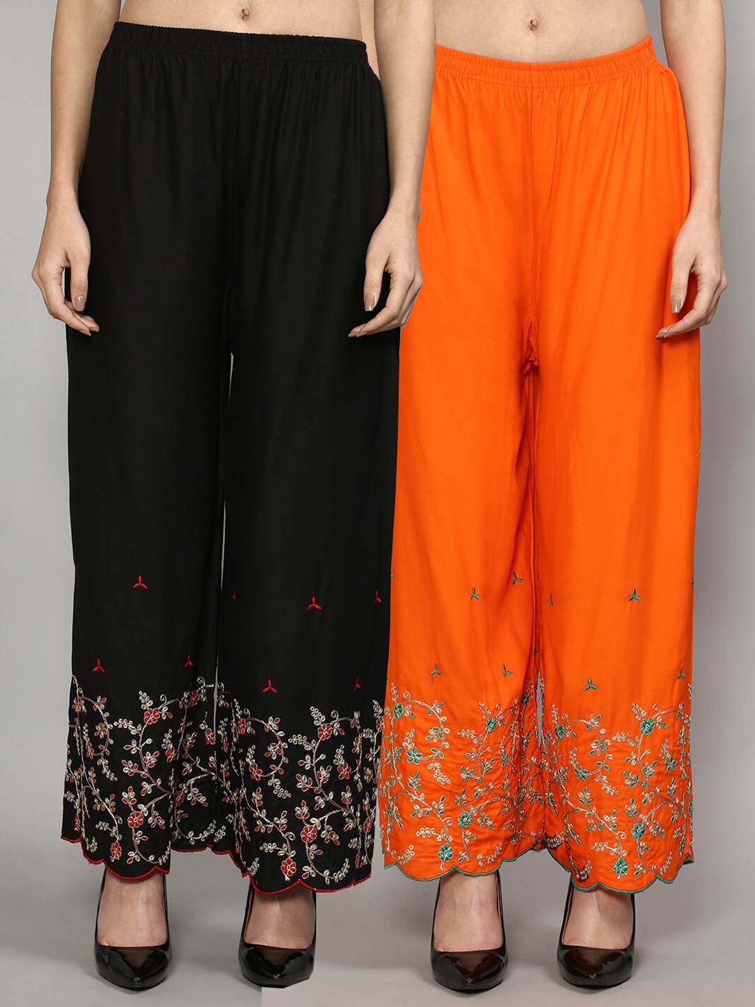 

GRACIT Women Black & Orange Set Of 2 Floral Printed Straight Fit Palazzo