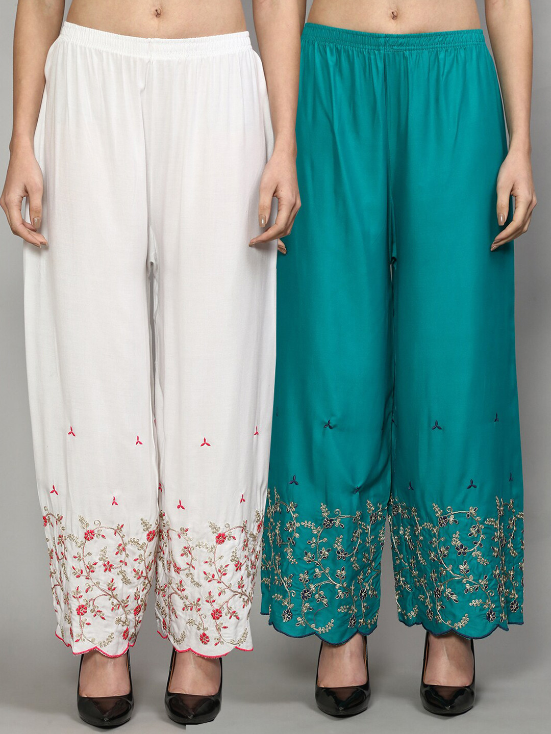 

GRACIT Women White & Turquoise Blue Set 2 Floral Embroidered Flared Ethnic Palazzos