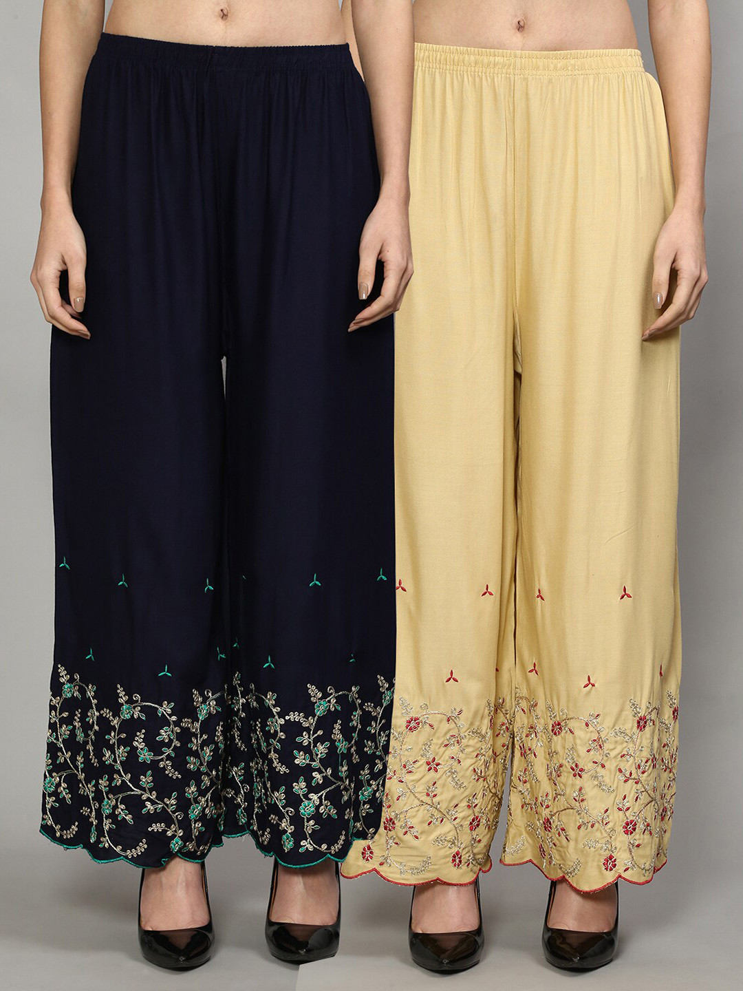 

GRACIT Women Navy Blue & Beige Floral Embroidered Flared Ethnic Palazzos Set Of 2