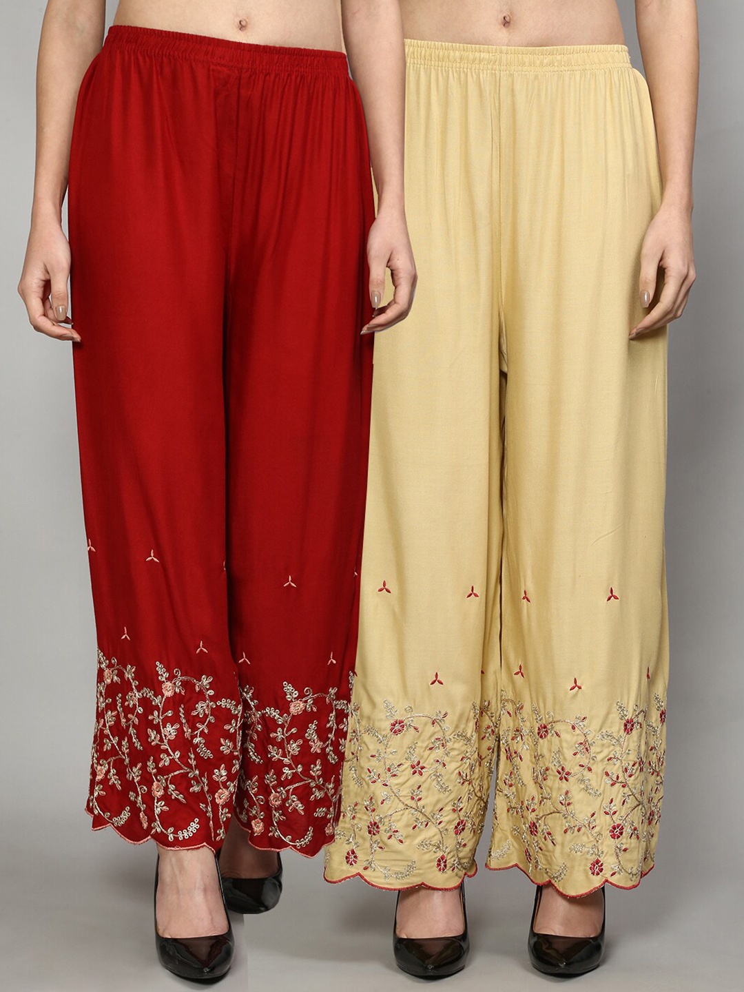 

GRACIT Women Maroon & Tan Set of 2 Floral Embroidered Flared Knitted Ethnic Palazzos