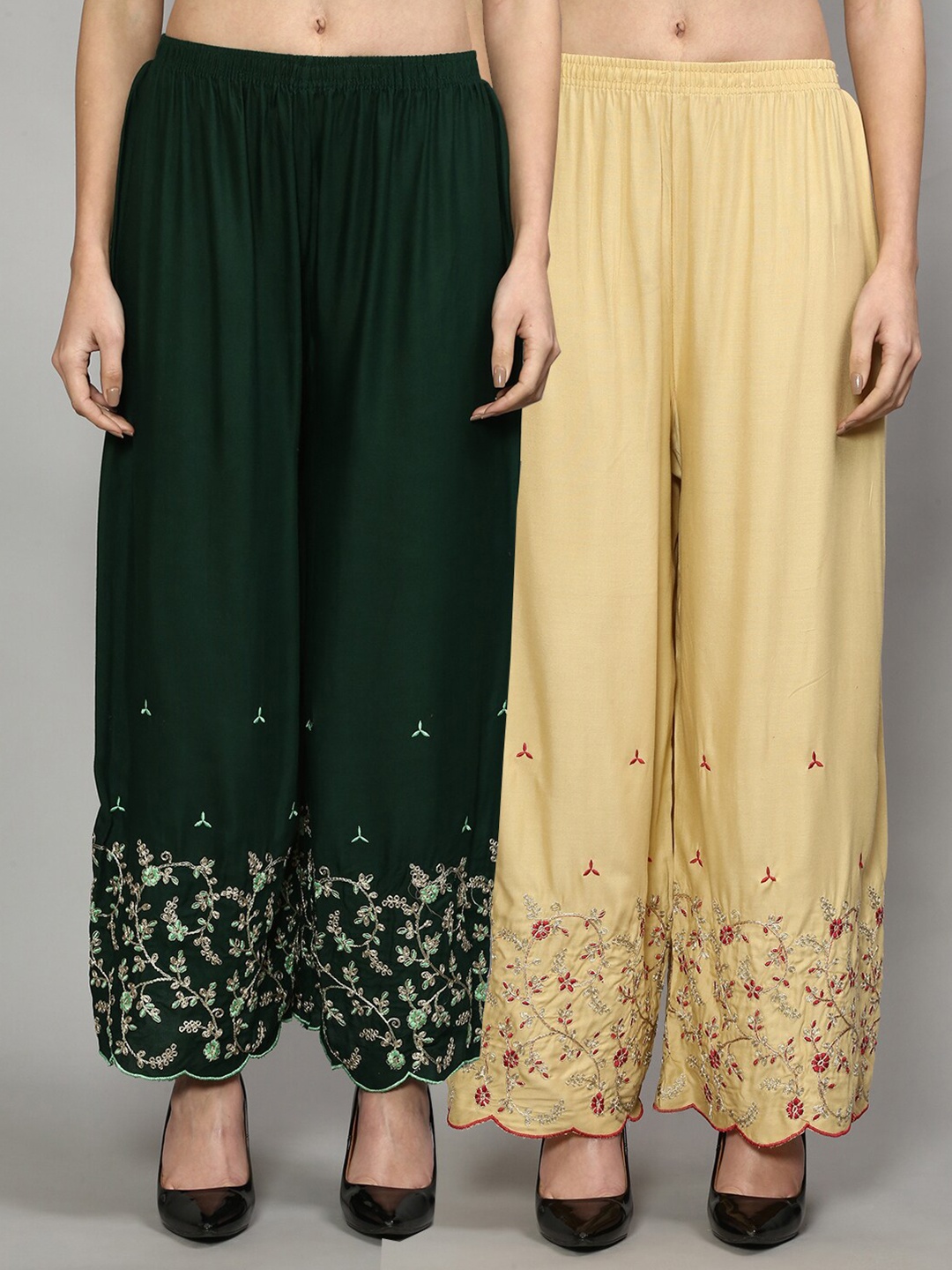 

GRACIT Women Pack of 2 Green & Tan Floral Embroidered Flared Knitted Ethnic Palazzos