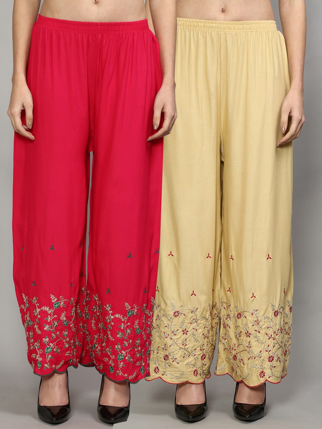 

GRACIT Women Pink & Tan Set of 2 Floral Embroidered Flared Knitted Ethnic Palazzos