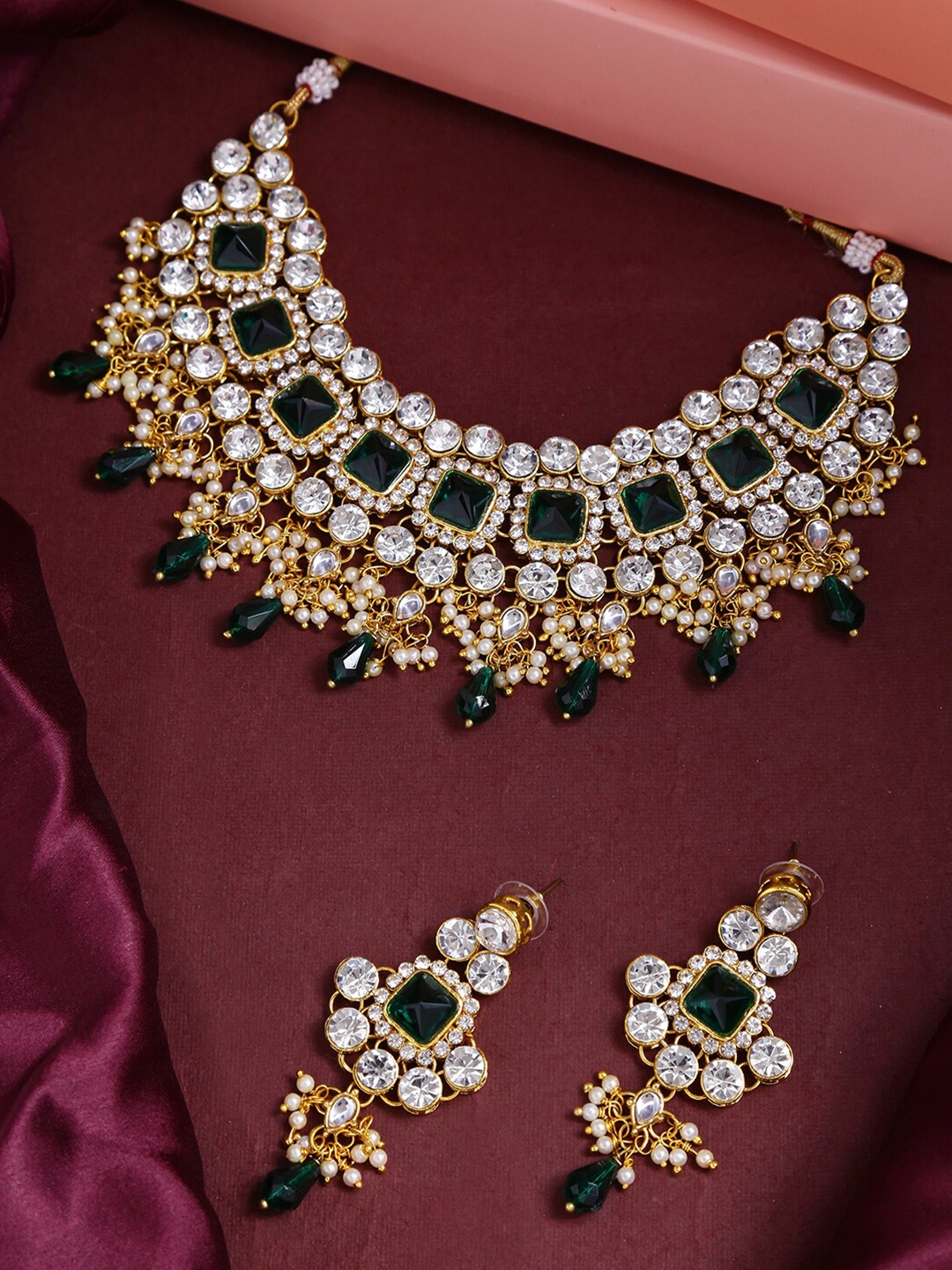 

LIVE EVIL Green & Gold-Toned Gold-Plated Necklace With Earrings