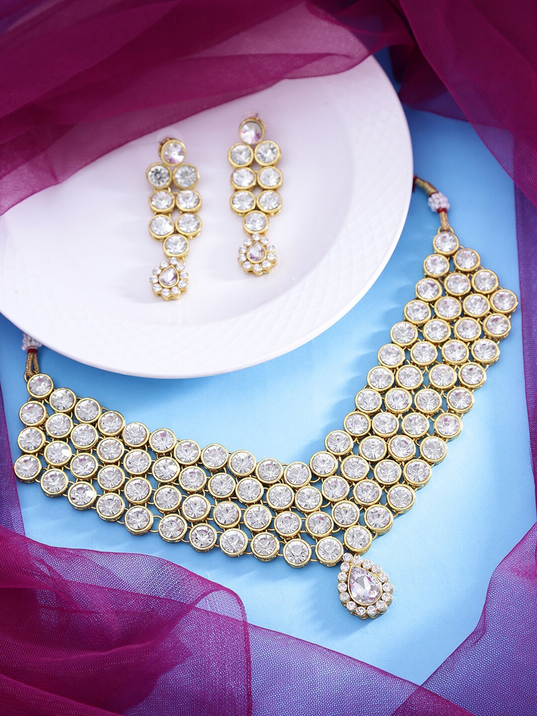 

LIVE EVIL Women White Gold-Plated Handmade White Kundan Stone Work Necklace Set