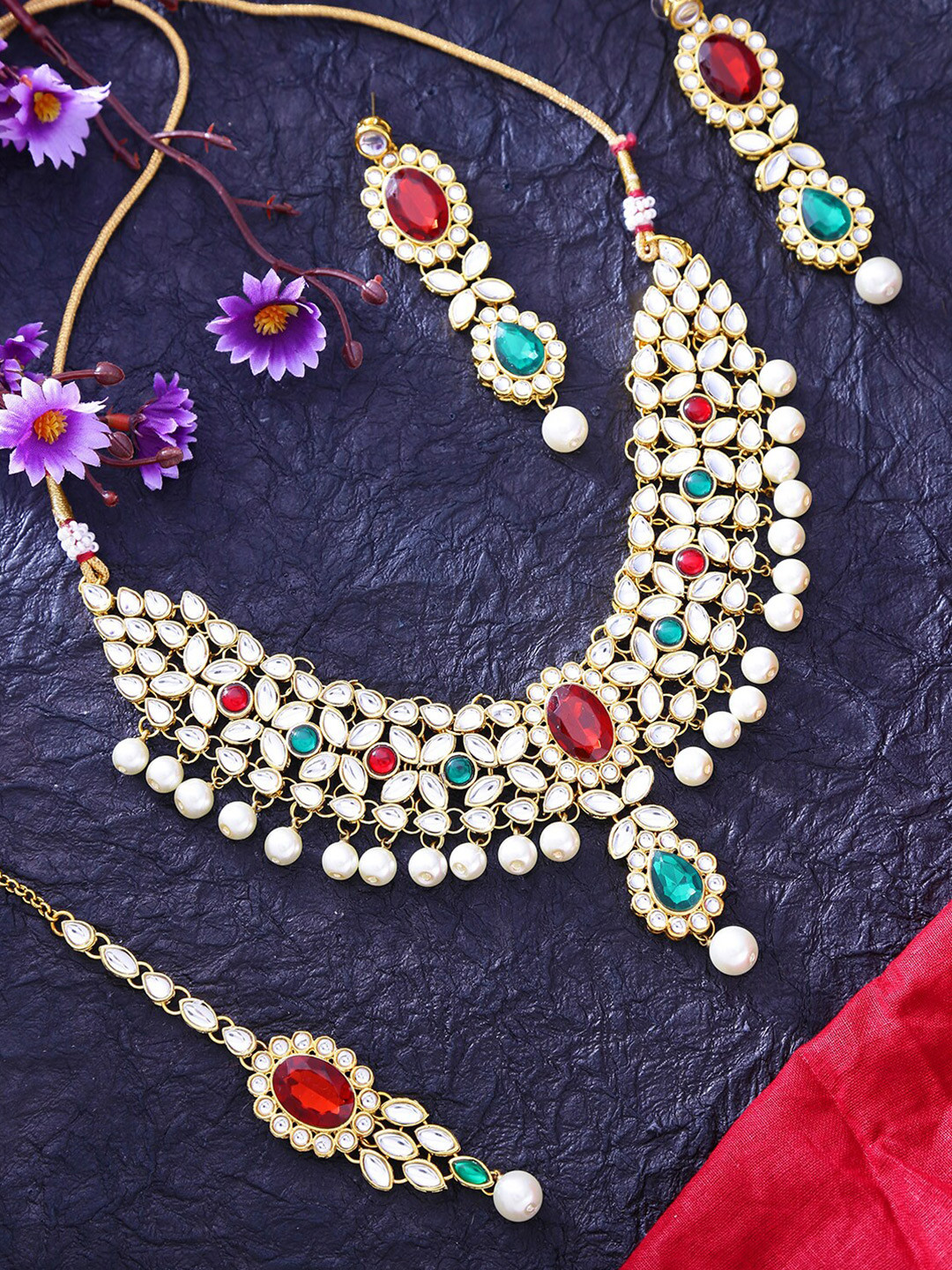 

LIVE EVIL Women Multicoloured Gold-Plated Ethnic Necklace with Earrings & Maang Tikha, Multi