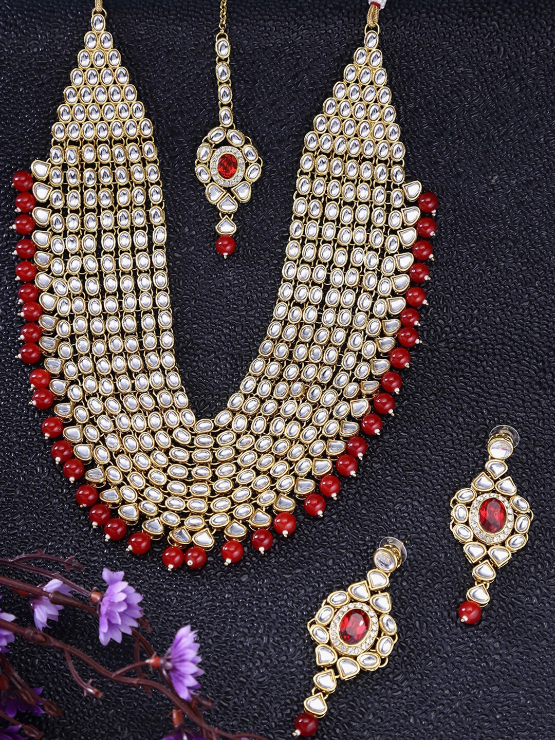 

LIVE EVIL Women Red & Gold-Plated Handmade Red Kundan Stone work Necklace Set