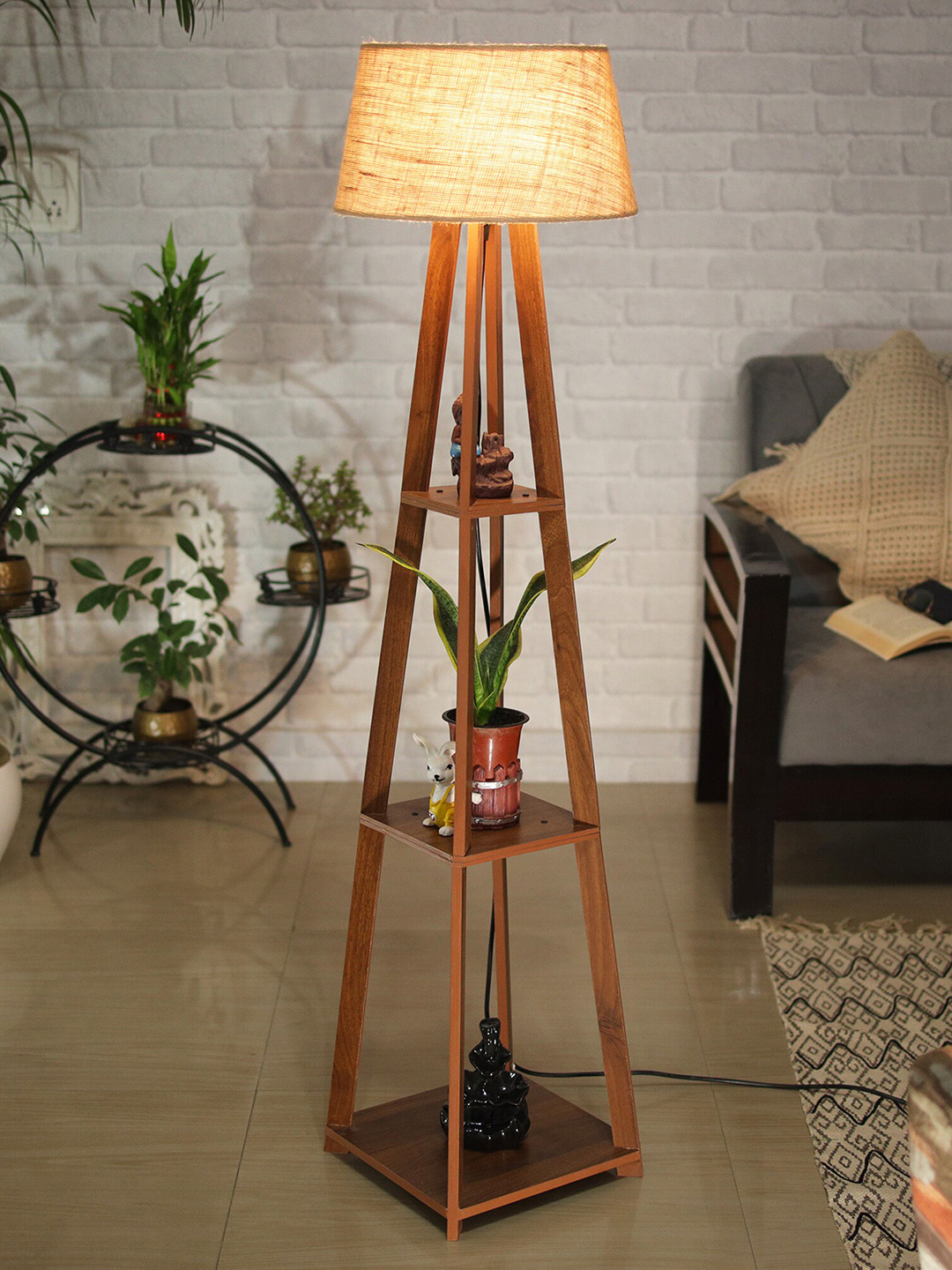 

Homesake Beige Faraday Wood Floor Lamp With 3 layer shelf space
