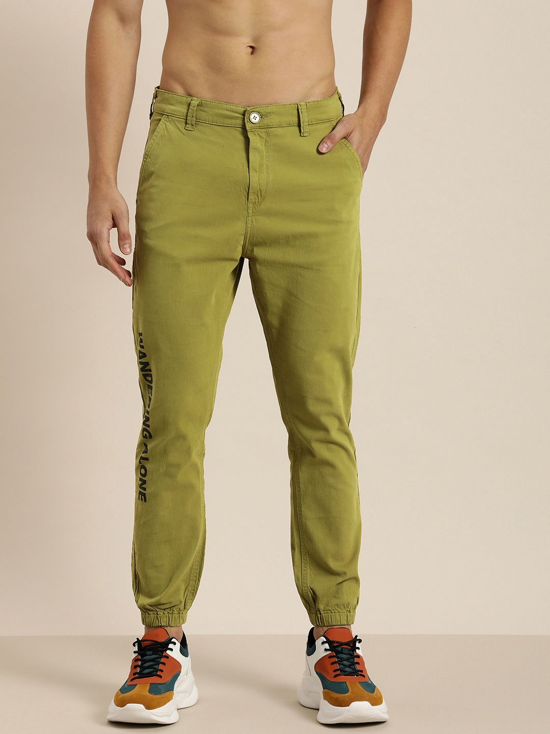 

Moda Rapido Men Olive Green Typography Printed Joggers Trousers