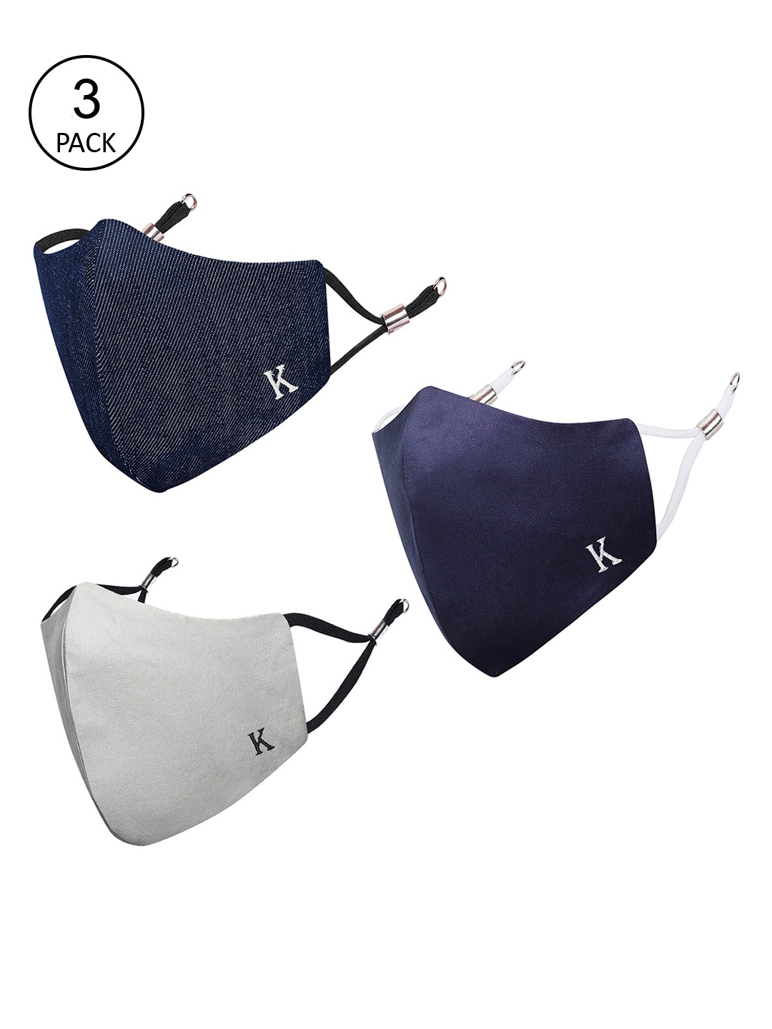

MASQ Unisex Pack Of 3 Solid 3-Ply Pure Cotton Adjustable Cloth Masks, Navy blue