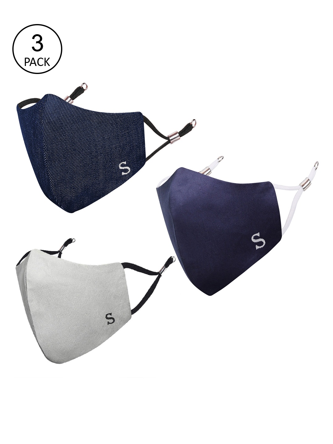 

MASQ Pack Of 3 Solid 4-Ply Pure Cotton Cloth Masks, Navy blue
