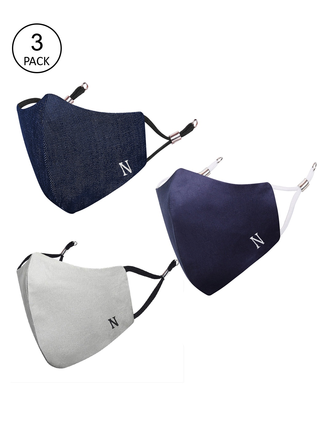 

MASQ Adults Pack of 3 Solid 3-Ply Pure Cotton Adjustable Cloth Masks, Navy blue