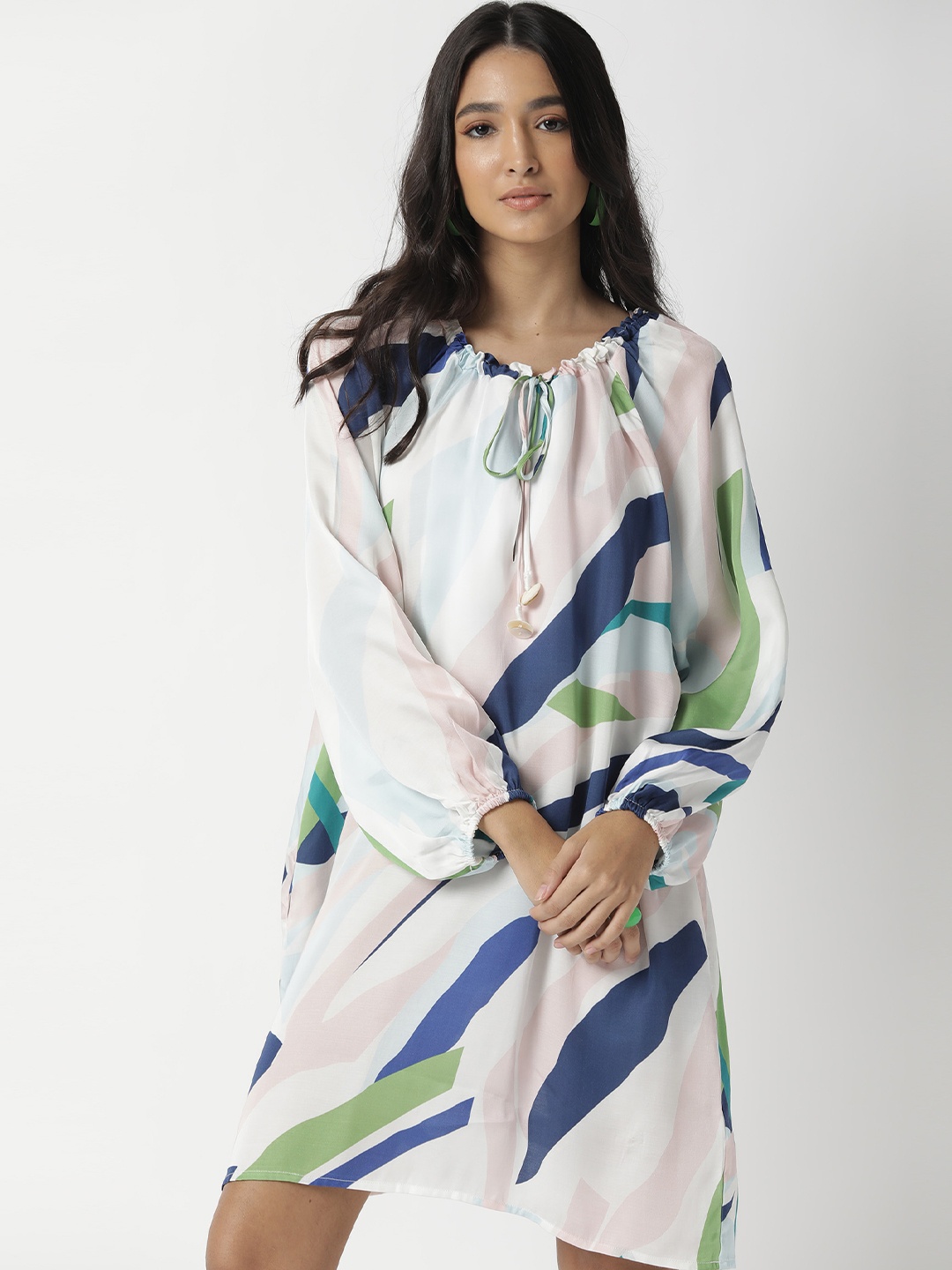 

RAREISM Women White & Blue Tie-Up Neck A-Line Dress