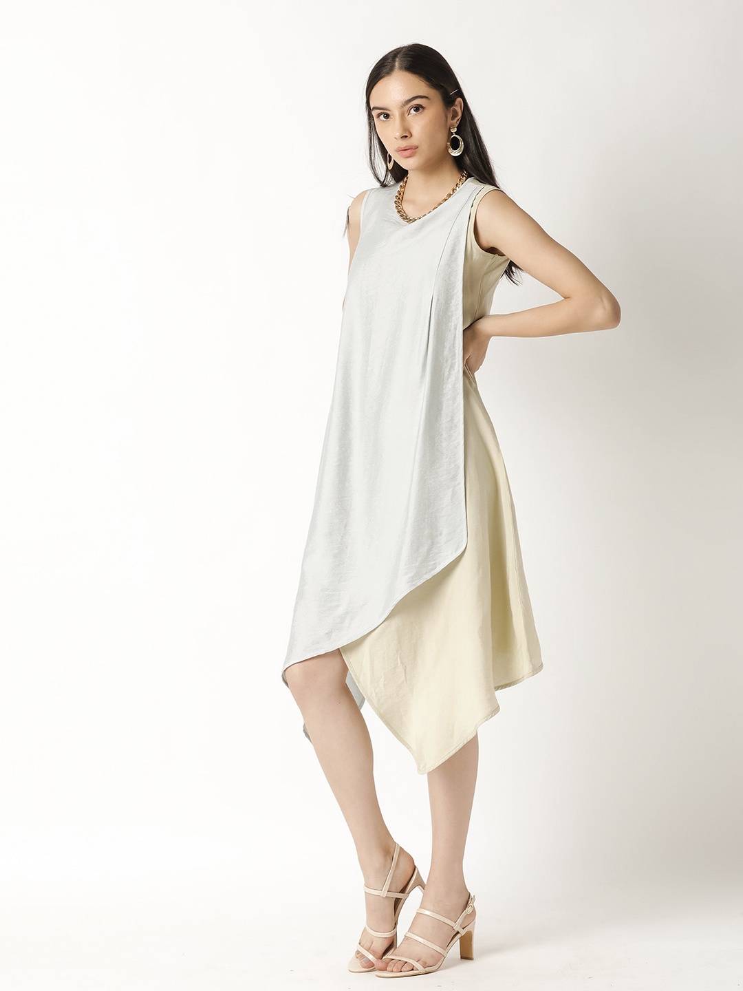 

RAREISM Women Blue & Cream-Coloured Layered A-Line Midi Dress