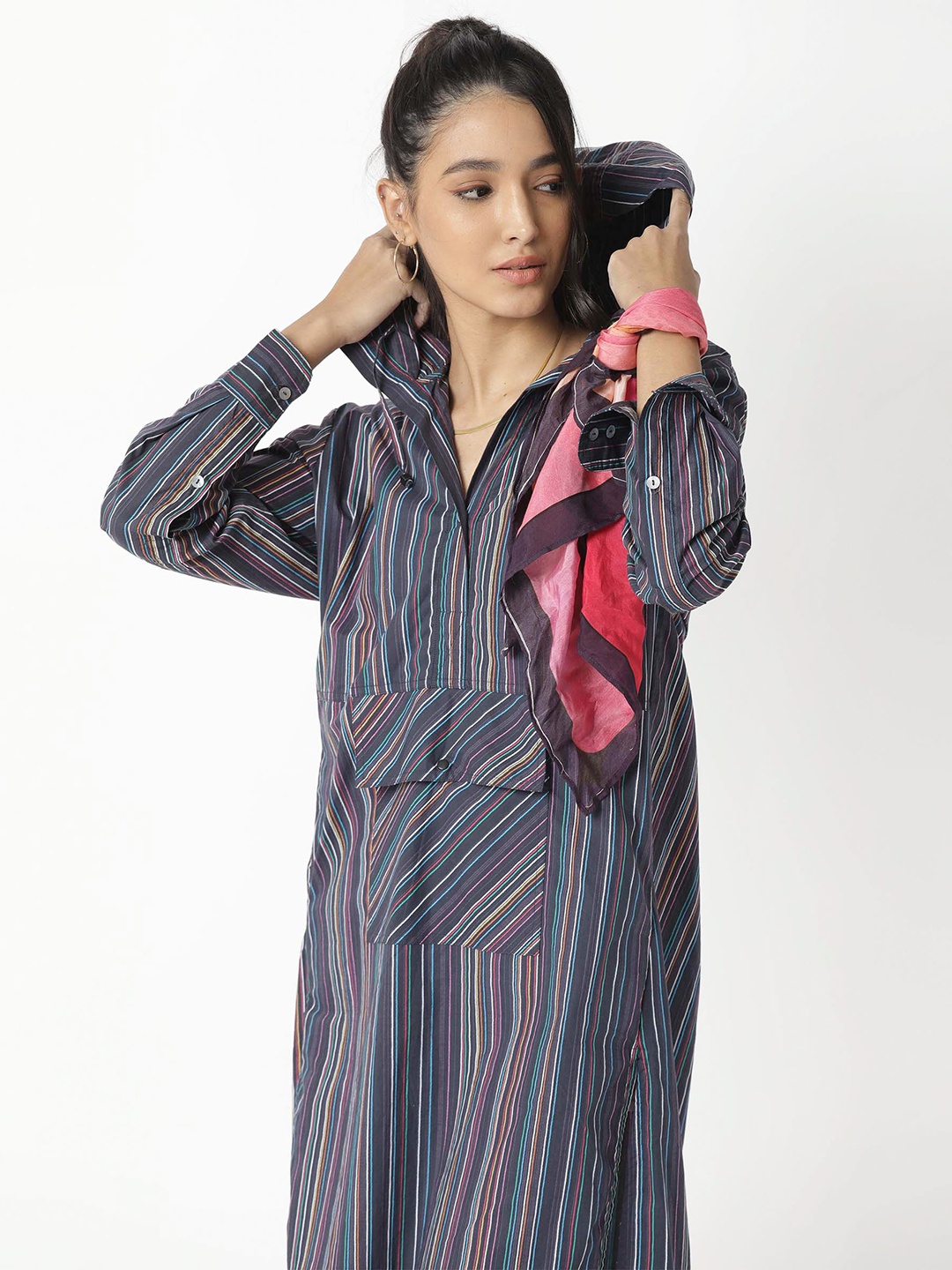 

RAREISM Women Black & Pink Striped Hooded Cotton Shirt Midi Dress