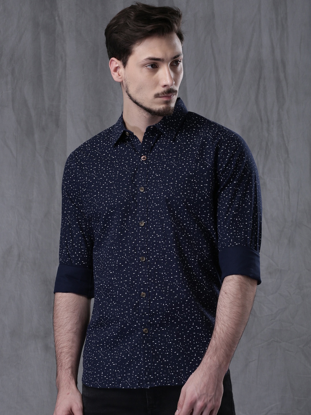

WROGN Men Navy Slim Fit Printed Casual Shirt, Navy blue