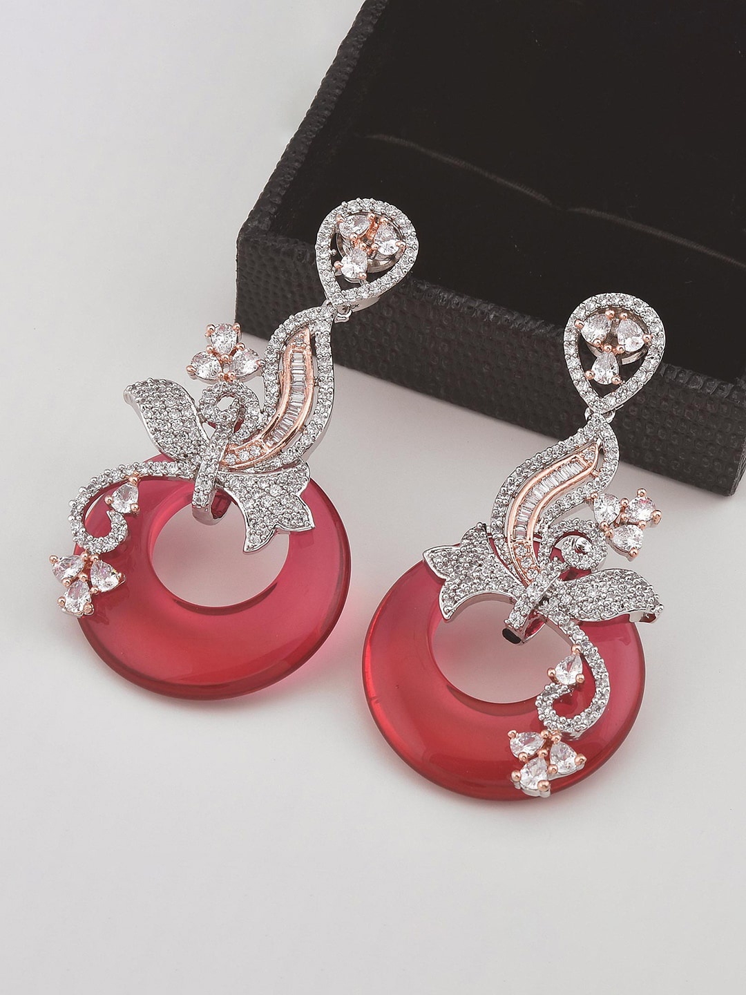 

Tistabene Rose Gold Plated & White Stone Studded Teardrop Shaped Drop Earrings