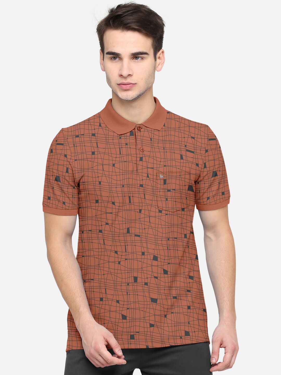 

BULLMER Men Brown & Blue Printed Polo Collar Bio Finish Cotton Pockets T-shirt