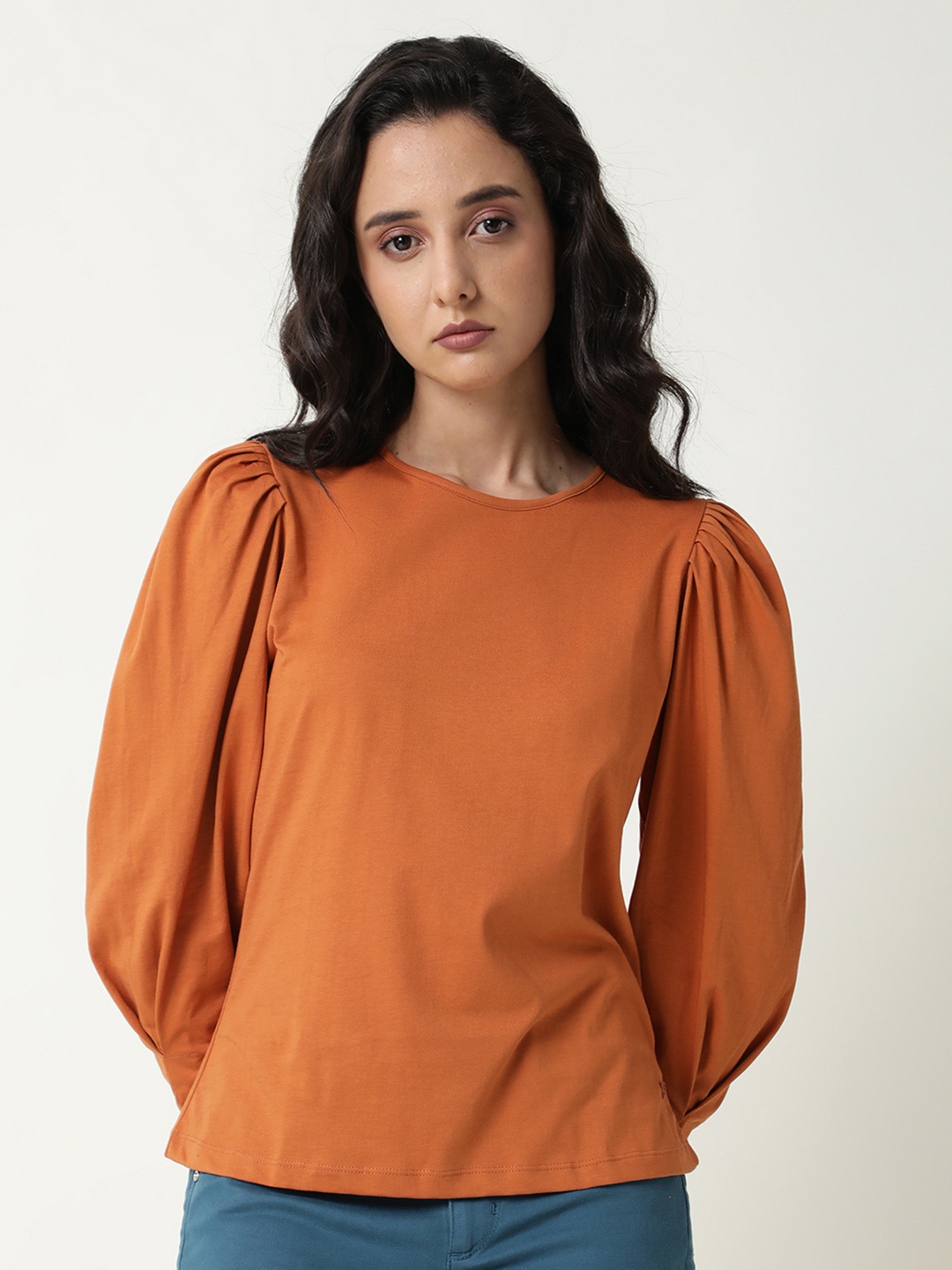 

RAREISM Women Orange Solid Round Neck Pure Cotton Regular Top