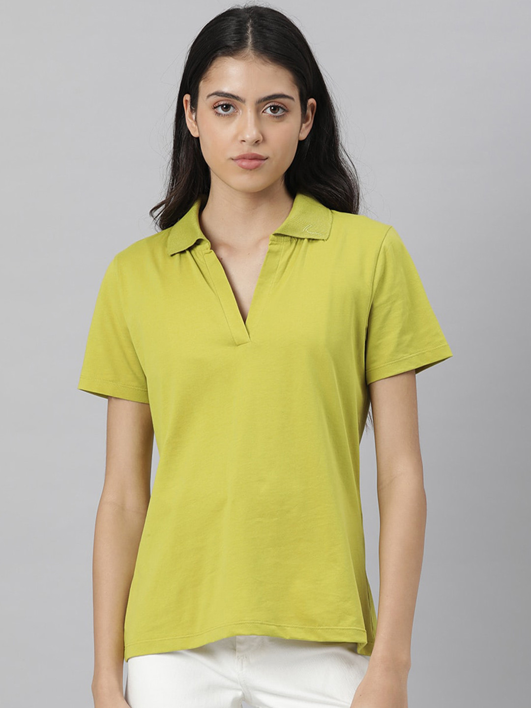 

RAREISM Women Lime Green Polo Collar Pure Cotton Slim Fit T-shirt
