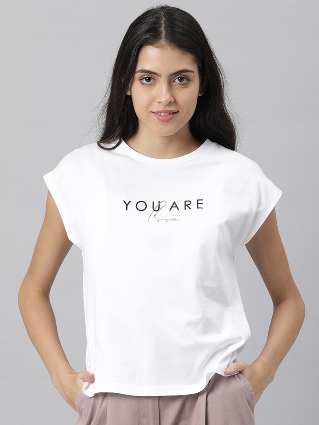 

RAREISM Women White Typography Printed Extended Sleeves Pure Cotton Regular Fit T-shirt