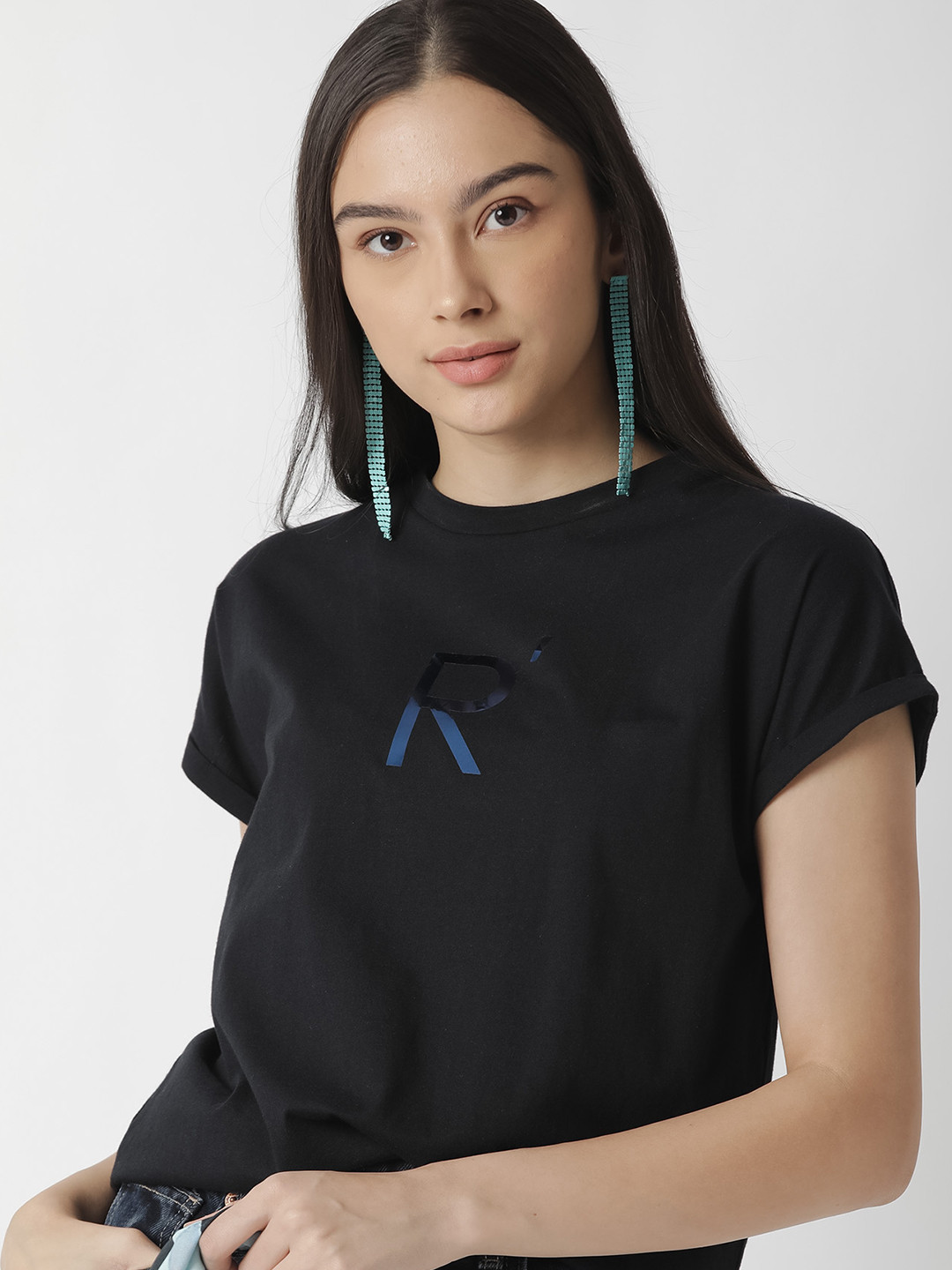 

RAREISM Women Black Typography Extended Sleeves Pure Cotton Slim Fit T-shirt