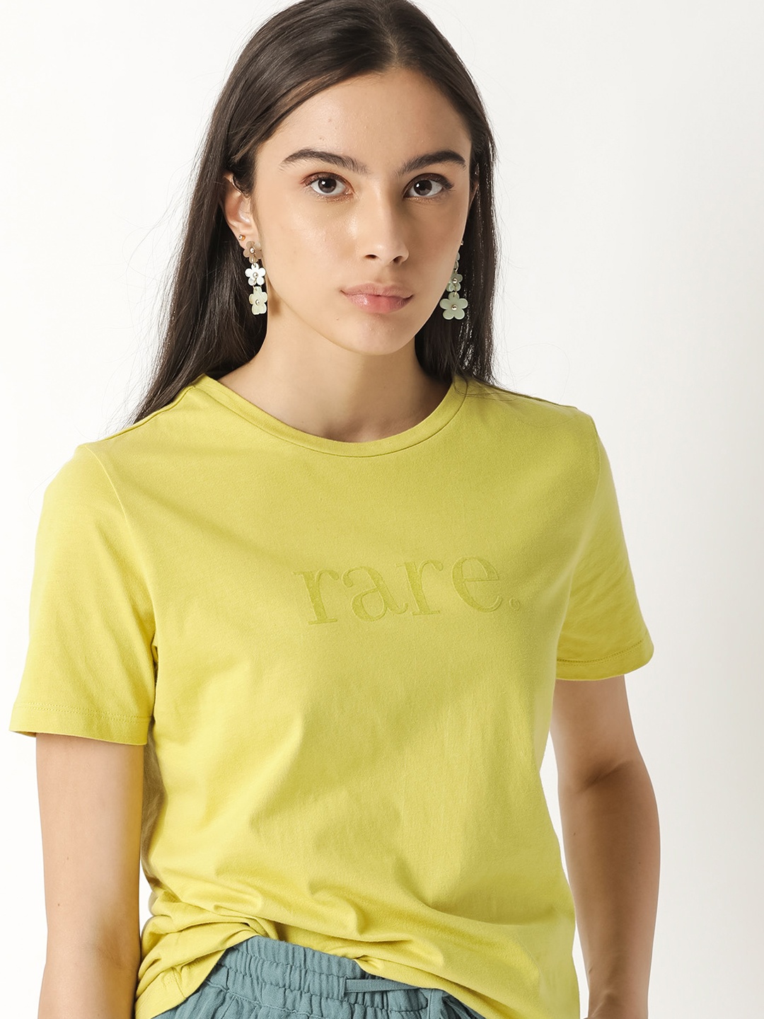 

RAREISM Women Yellow Pure Cotton Slim Fit T-shirt